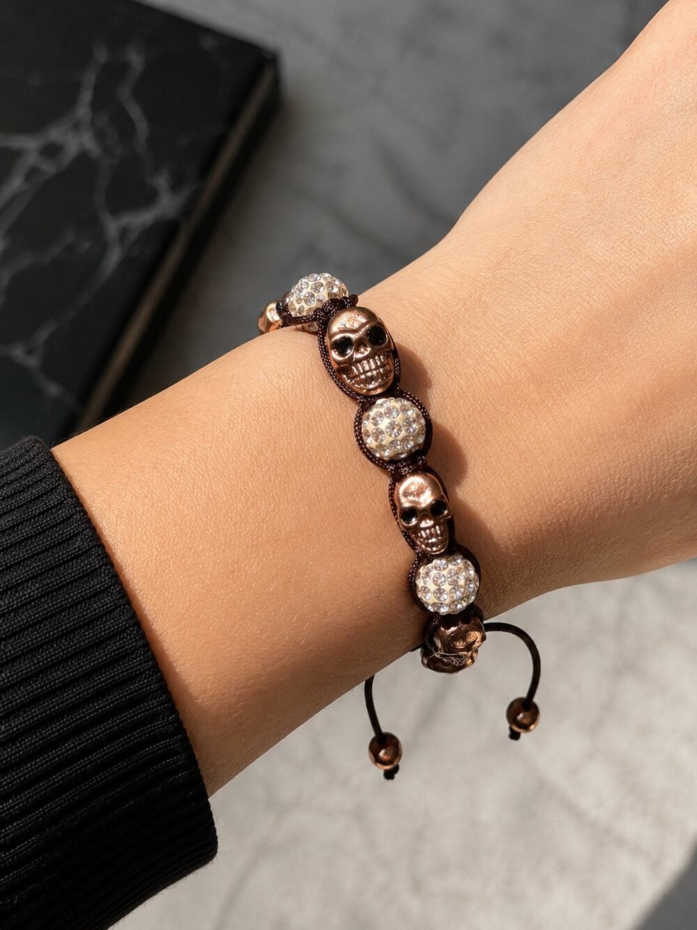 Rose Gold Tone Skull Bracelet with Crystal Rhinestone Beads and Adjustable Cord